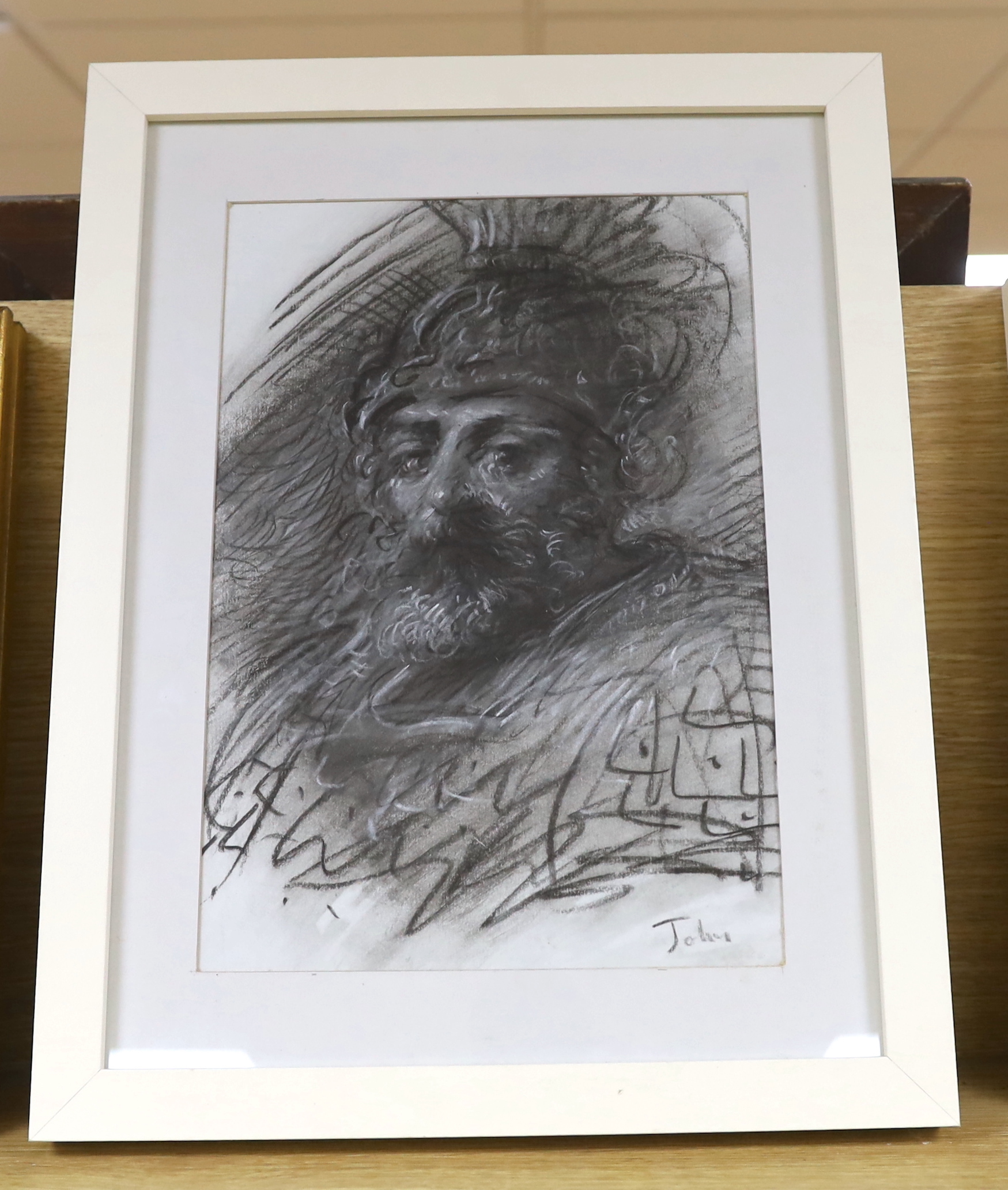 Circle of Augustus John RA (Welsh, 1878-1961), heightened charcoal, Classical bearded warrior, bears - Image 2 of 3