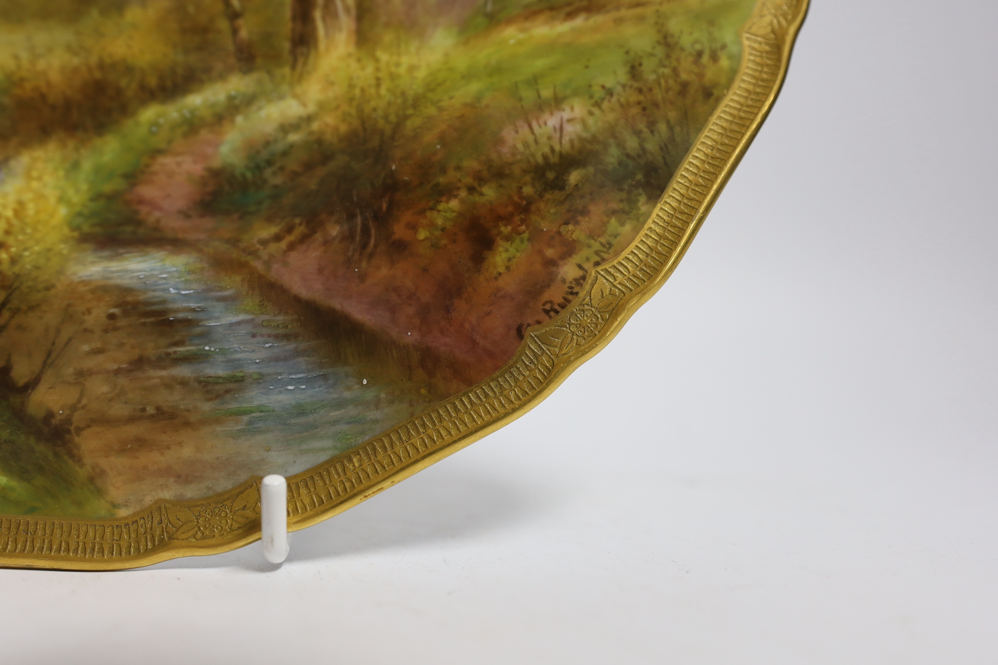 A Royal Worcester cabinet plate, hand painted with a landscape, signed Rushton, 27cm in diameter - Image 2 of 3