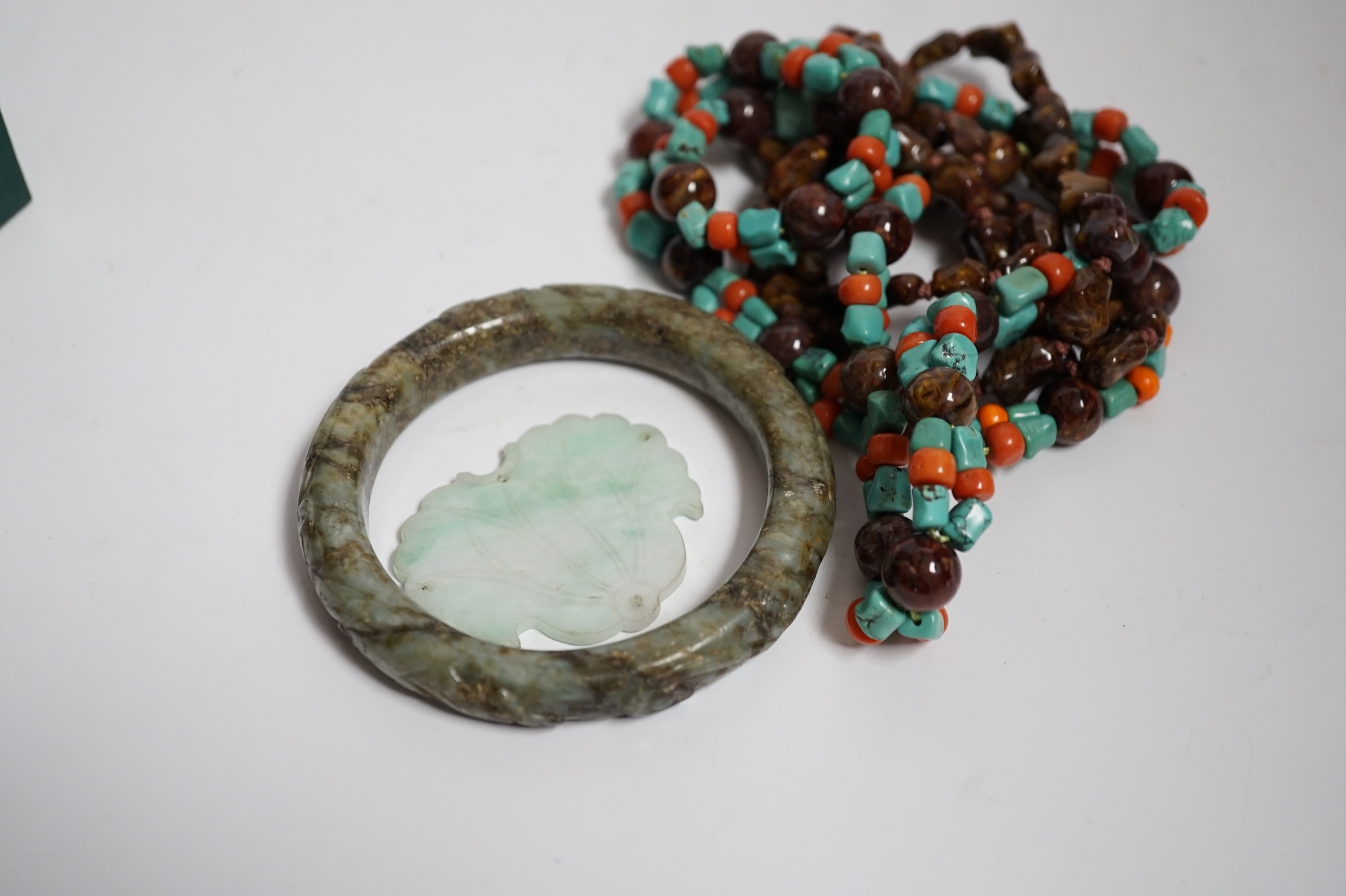 Two Chinese hardstone necklaces, a carved bangle and a jade carving, bangle 8.5cm in diameter - Image 2 of 4