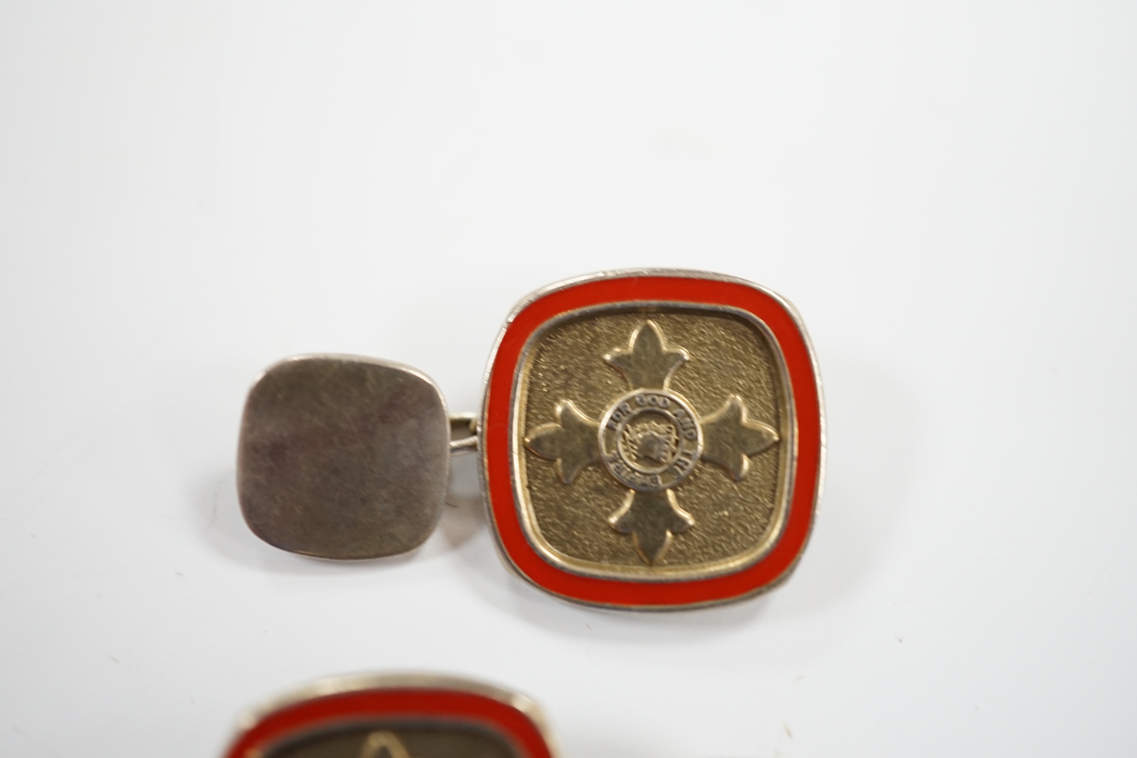 A modern pair of silver and red enamel cufflinks, embossed with the Order of The British Empire, - Image 2 of 6