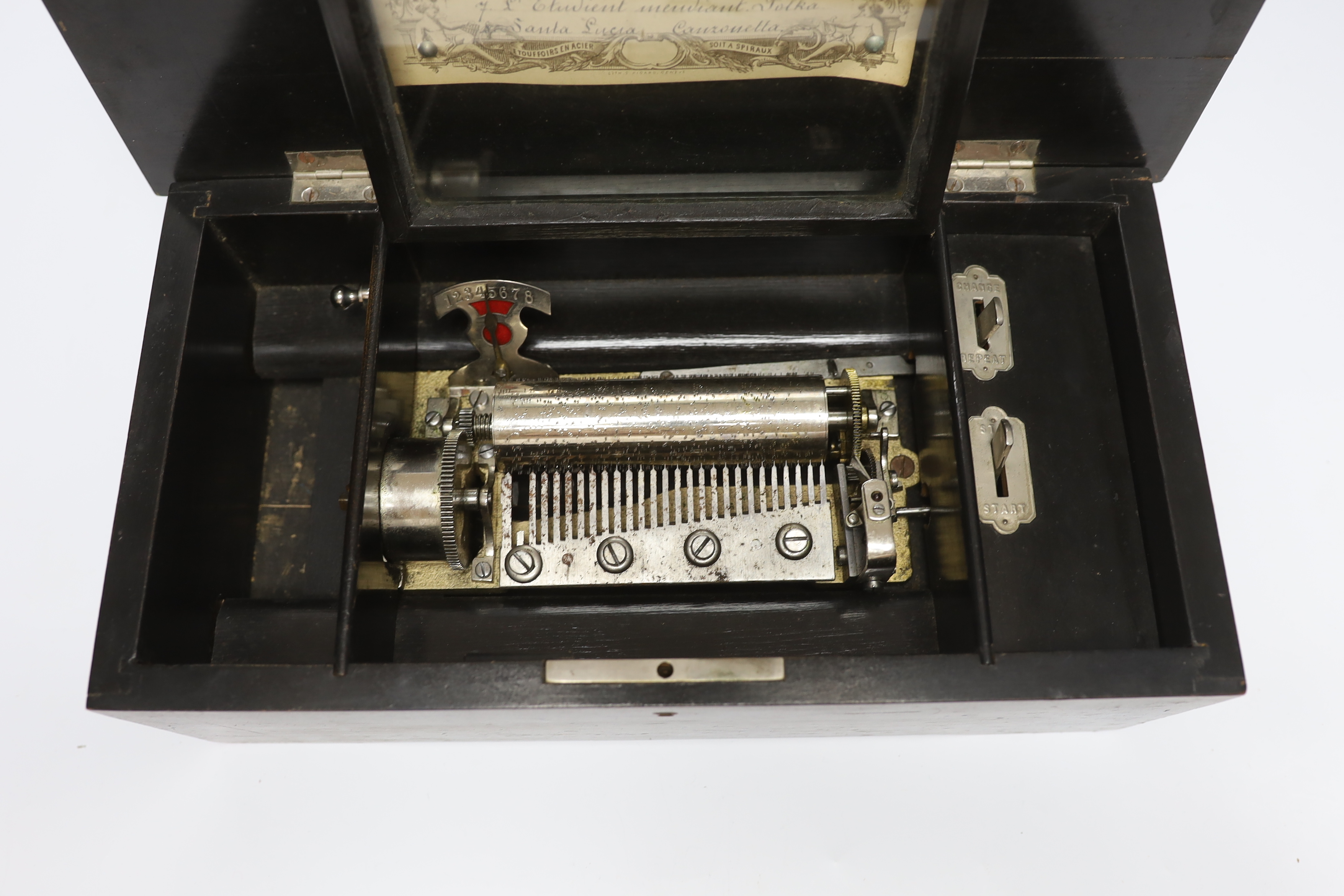 A 19th century Swiss cylinder music box (not working), 35cm wide - Image 2 of 3