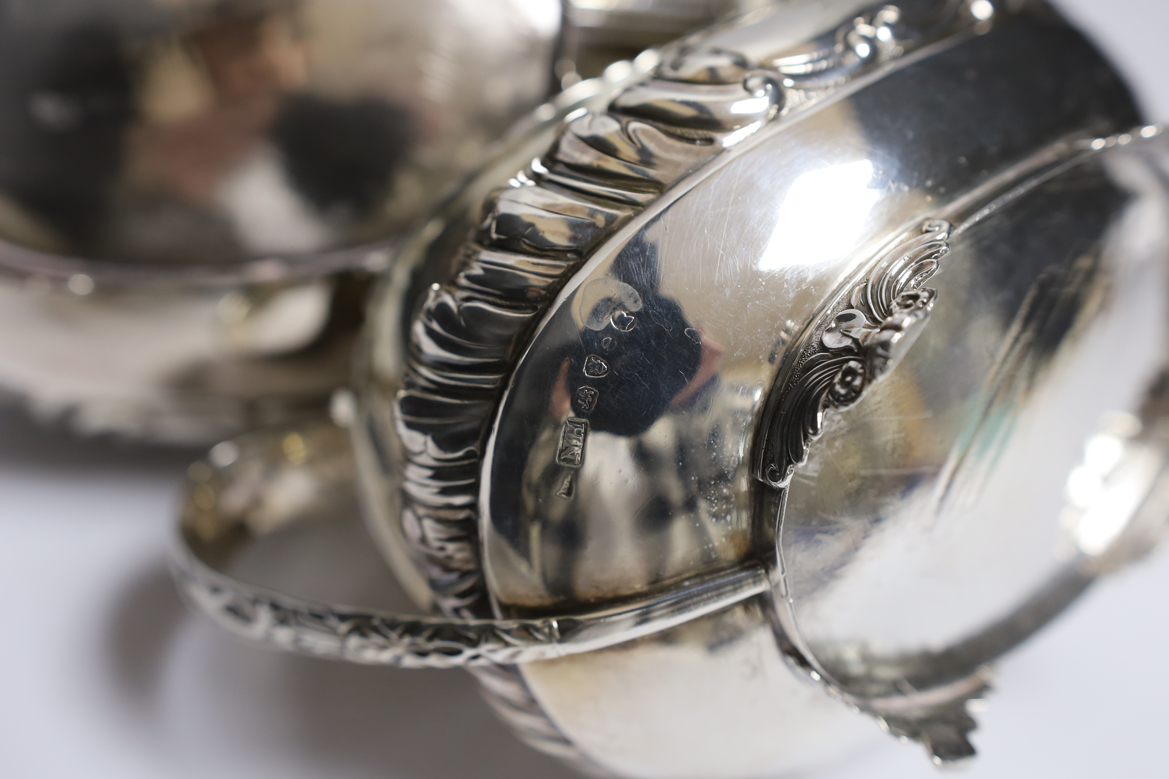 A George IV silver three piece oval tea set, on winged paw feet, by Naphtali Hart, London 1820, - Image 3 of 3