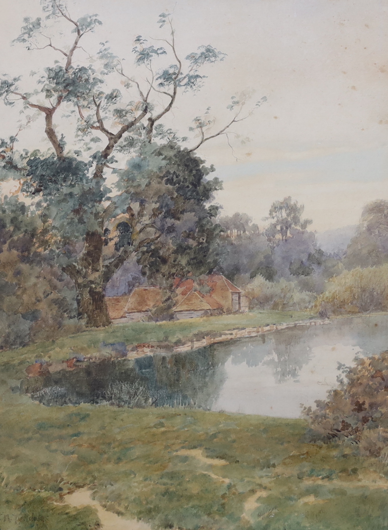 Thomas Nicholson Tyndale (1858-1936), watercolour, Farmhouse beside a lake, signed, 26 x 20cm - Bild 3 aus 5