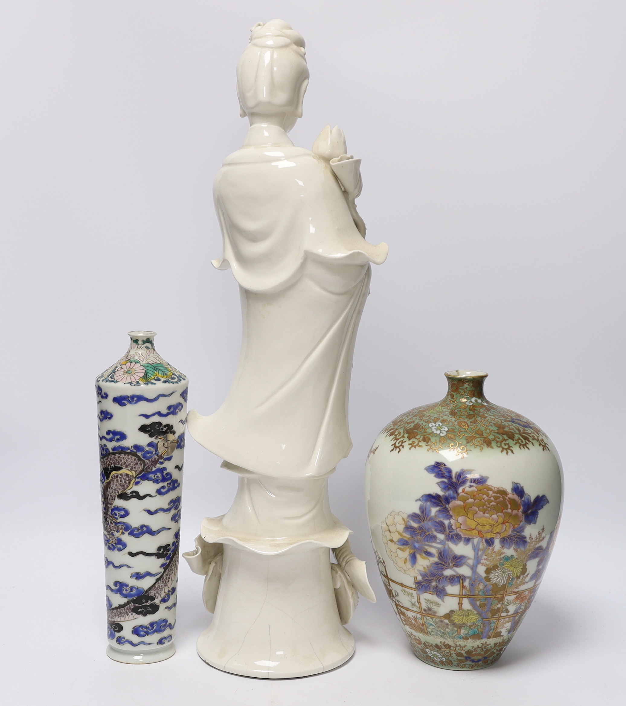 A 19th century Chinese blanc de chine figure of Guanyin, 20th century ‘dragon’ vase and a Japanese - Image 5 of 7