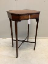A George III banded satinwood octagonal work table, width 47cm, depth 36cm, height 76cm