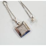 A modern Italian 18k white metal and diamond chip set pendant, on an 18k chain, 42cm and a white