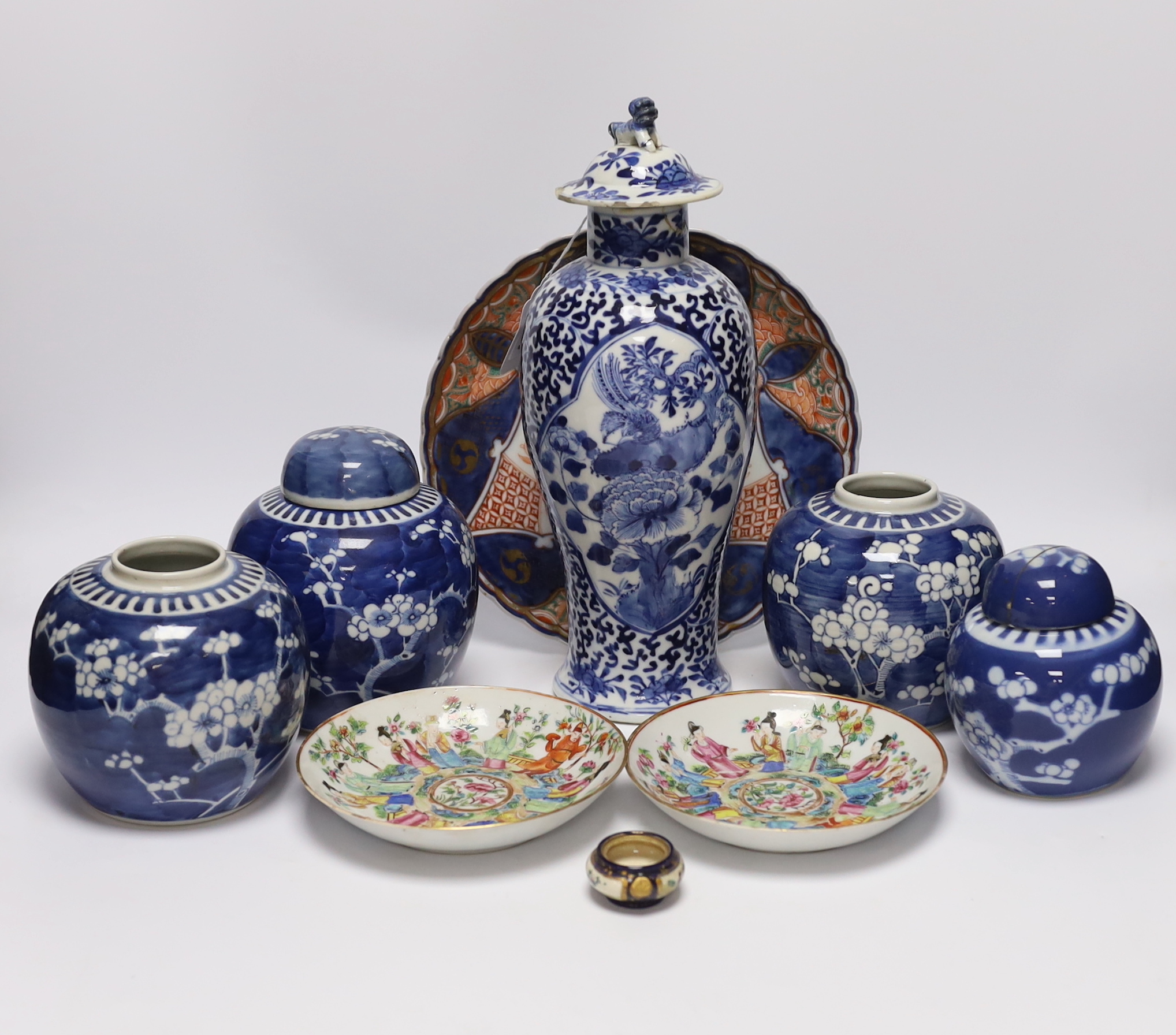 An early 20th century Chinese blue and white vase and cover, pair of 19th century Chinese famille
