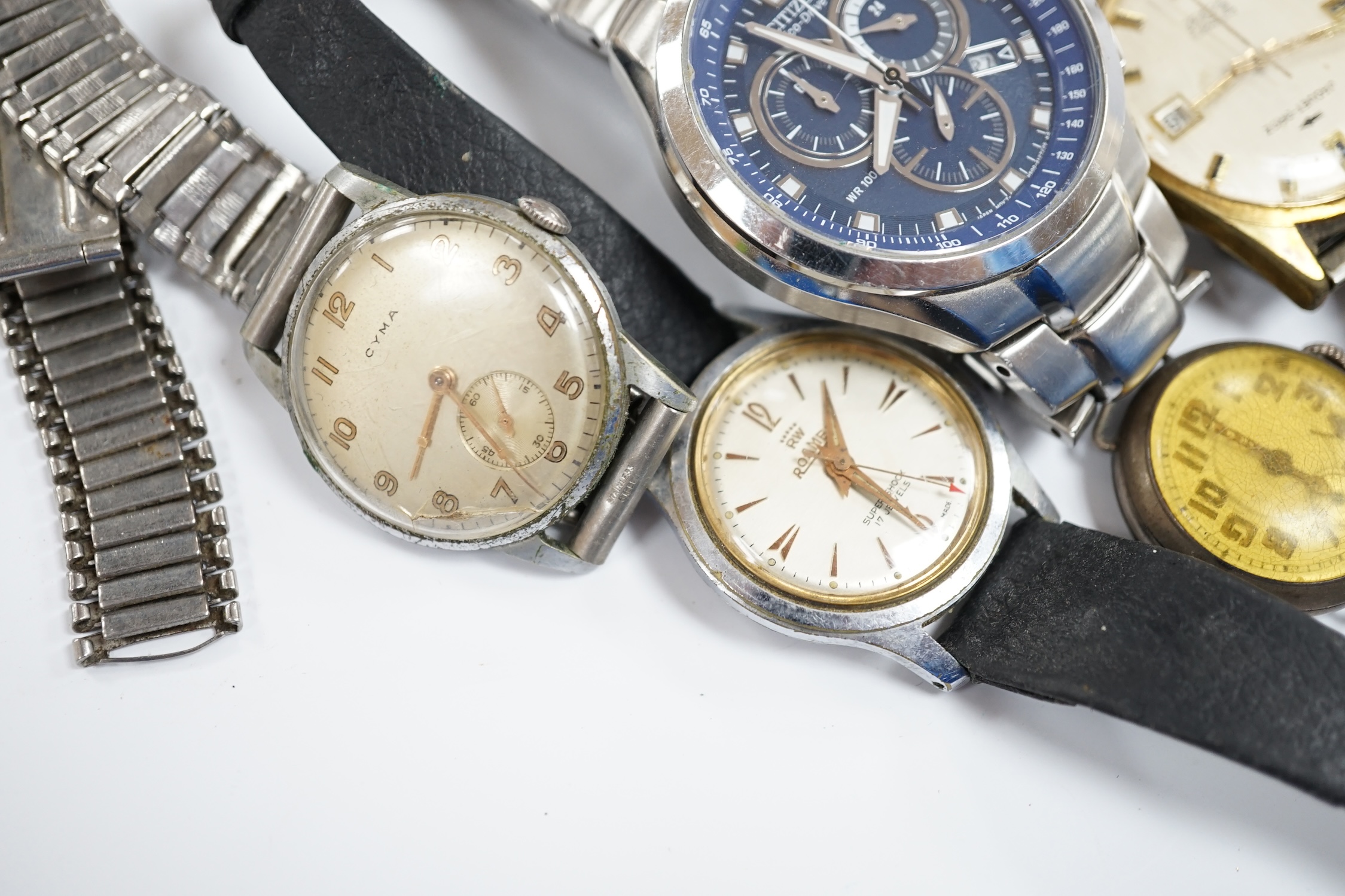 A group of assorted mainly steel wrist watches including three Cyma, a Roamer and modern Citizen - Image 2 of 6