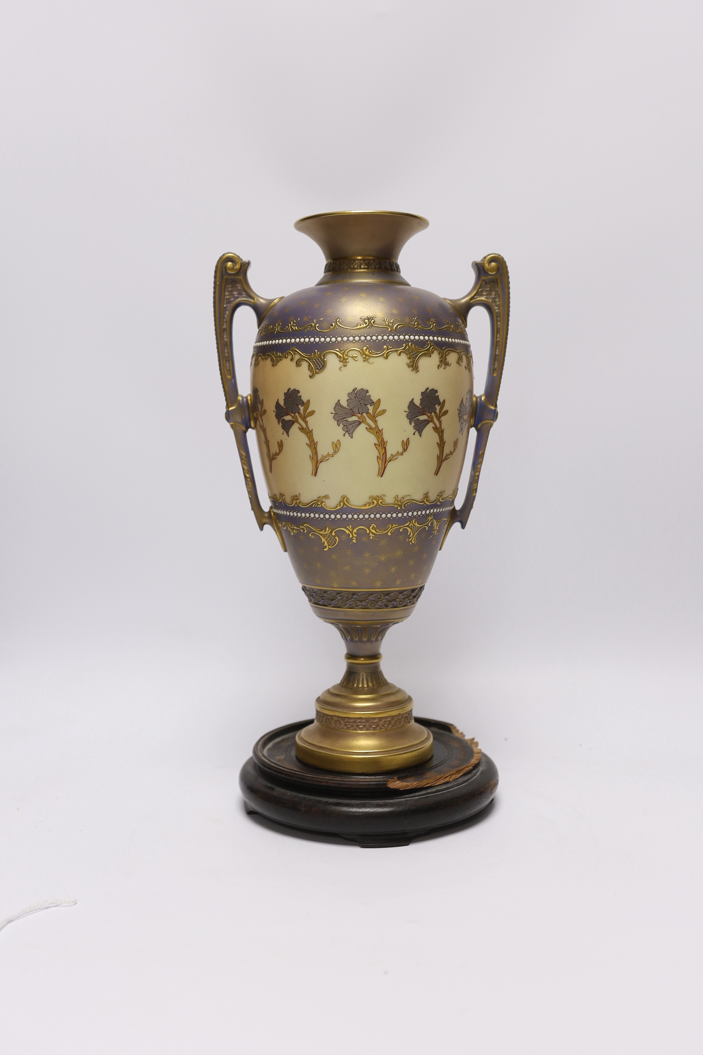 A Royal Worcester blush ivory two handled vase, model no. 1481, with hardwood stand, 31cm - Image 3 of 5