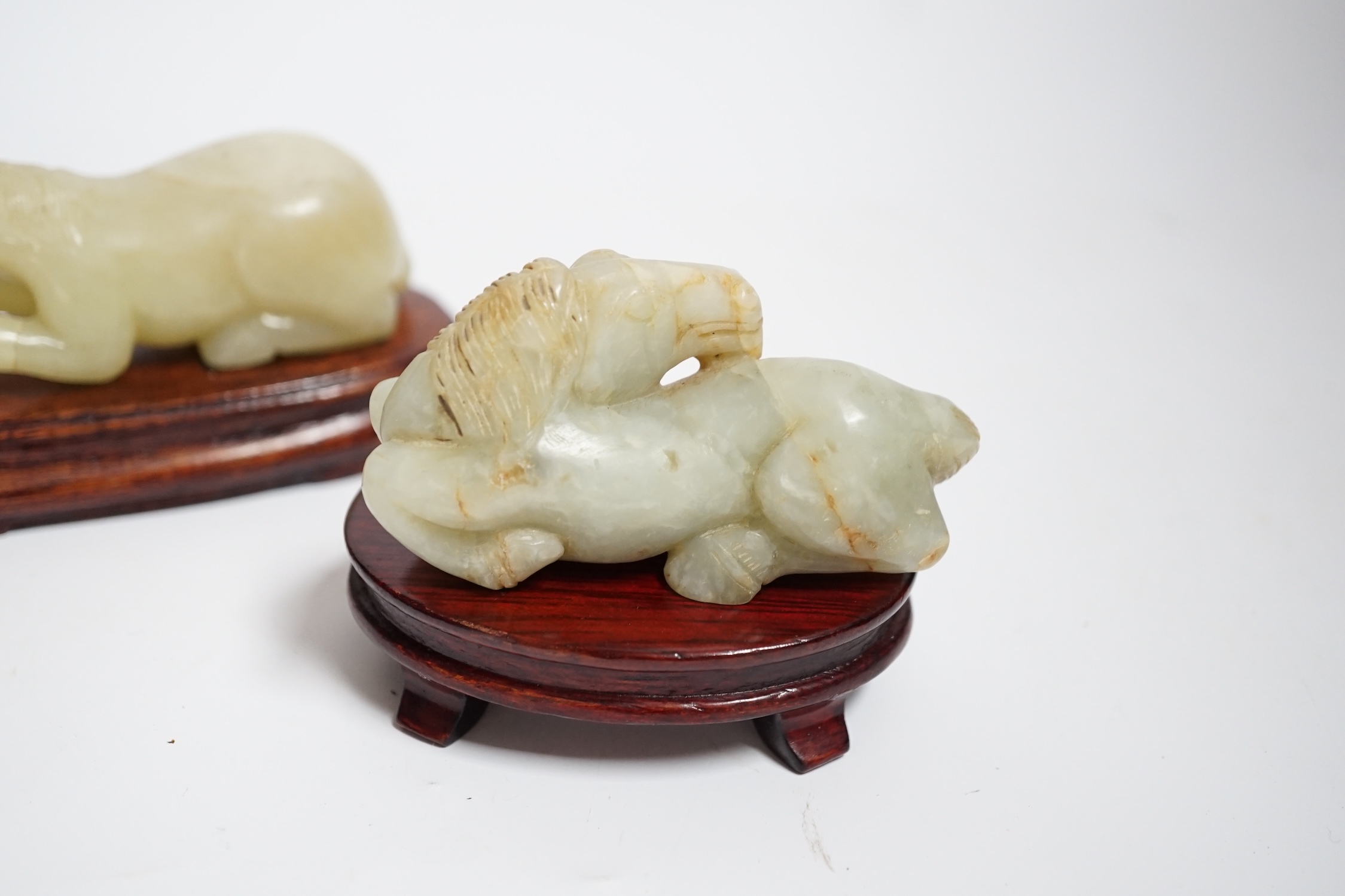 Two Chinese carved jade figures of horses on stands, largest 11cm wide - Image 2 of 6