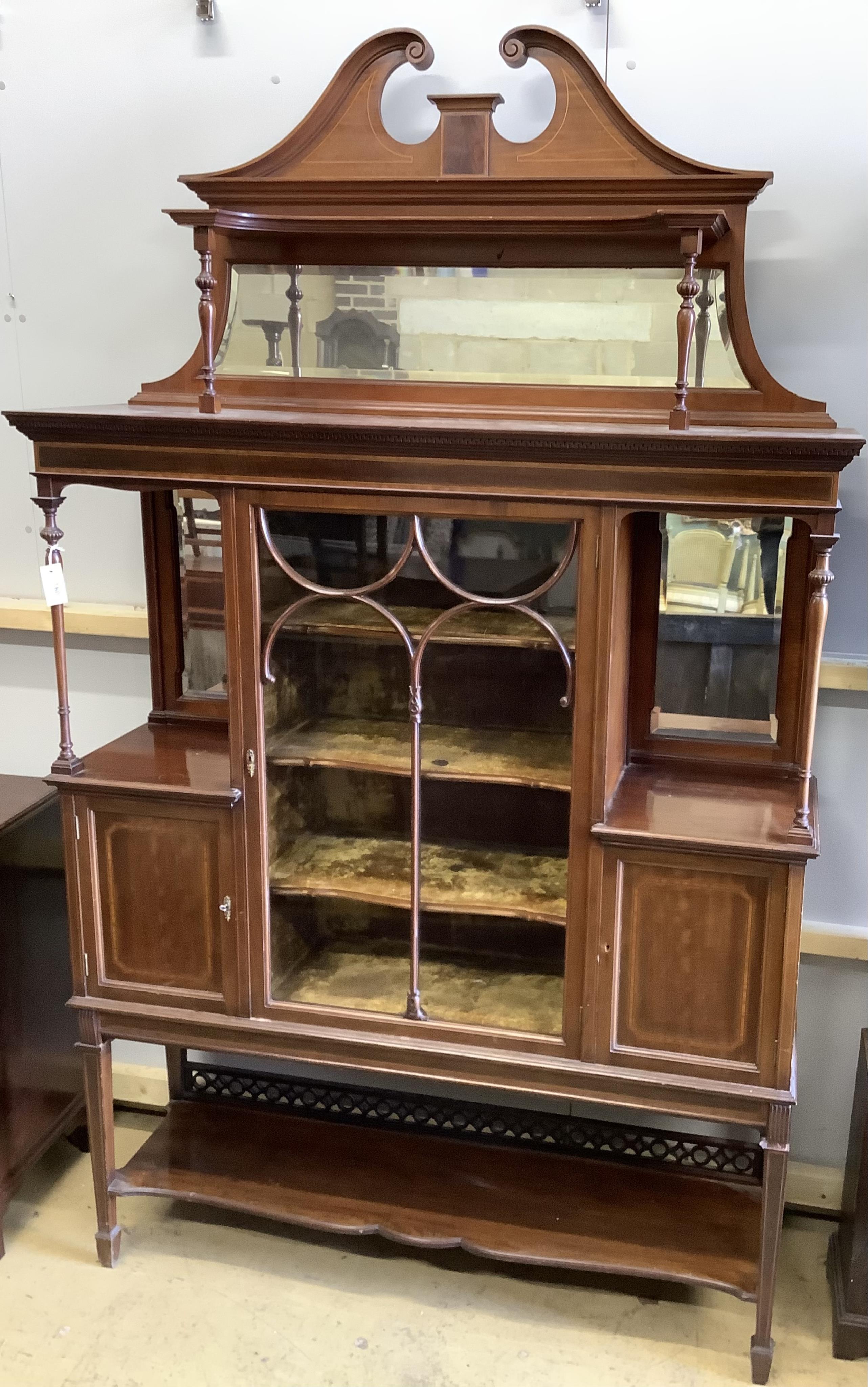 An Edwardian satinwood banded mahogany display cabinet, width 140cm, depth 40cm, height 234cm