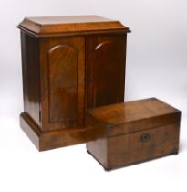 A small Victorian three drawer walnut cabinet, together with a mahogany tea caddy, cabinet 35.5cm