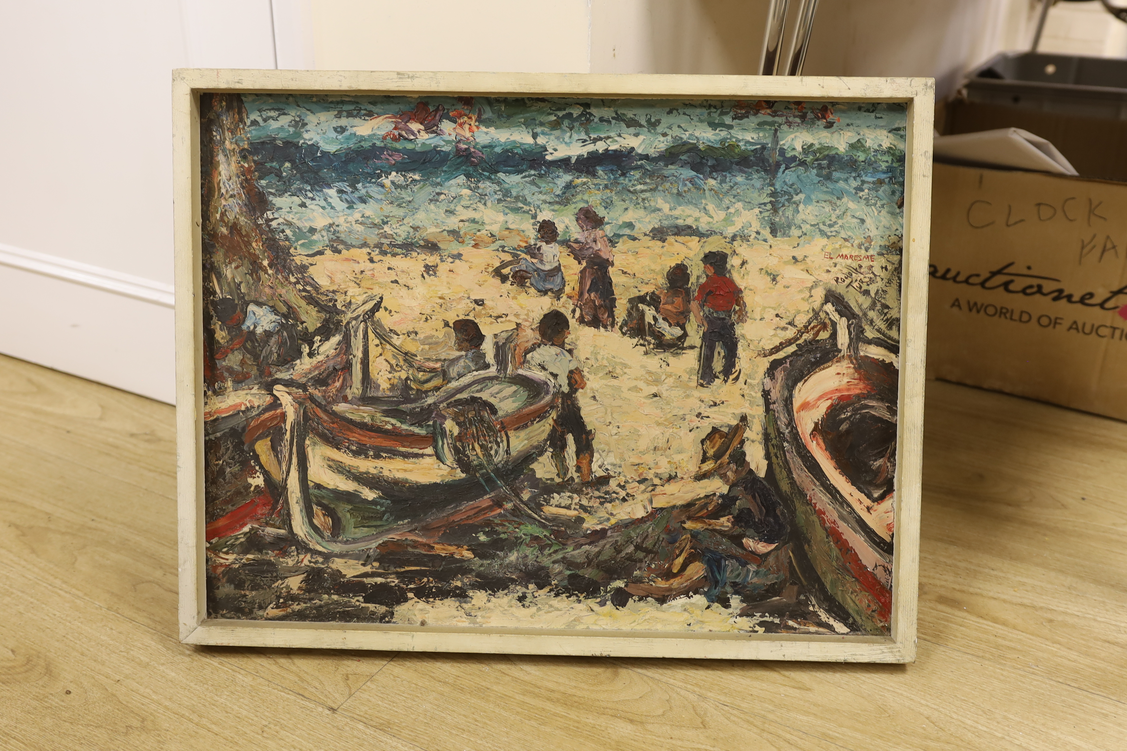 Rudolfo Tur, impasto oil on board, Moored fishing boats and figures, signed and inscribed El - Image 2 of 2