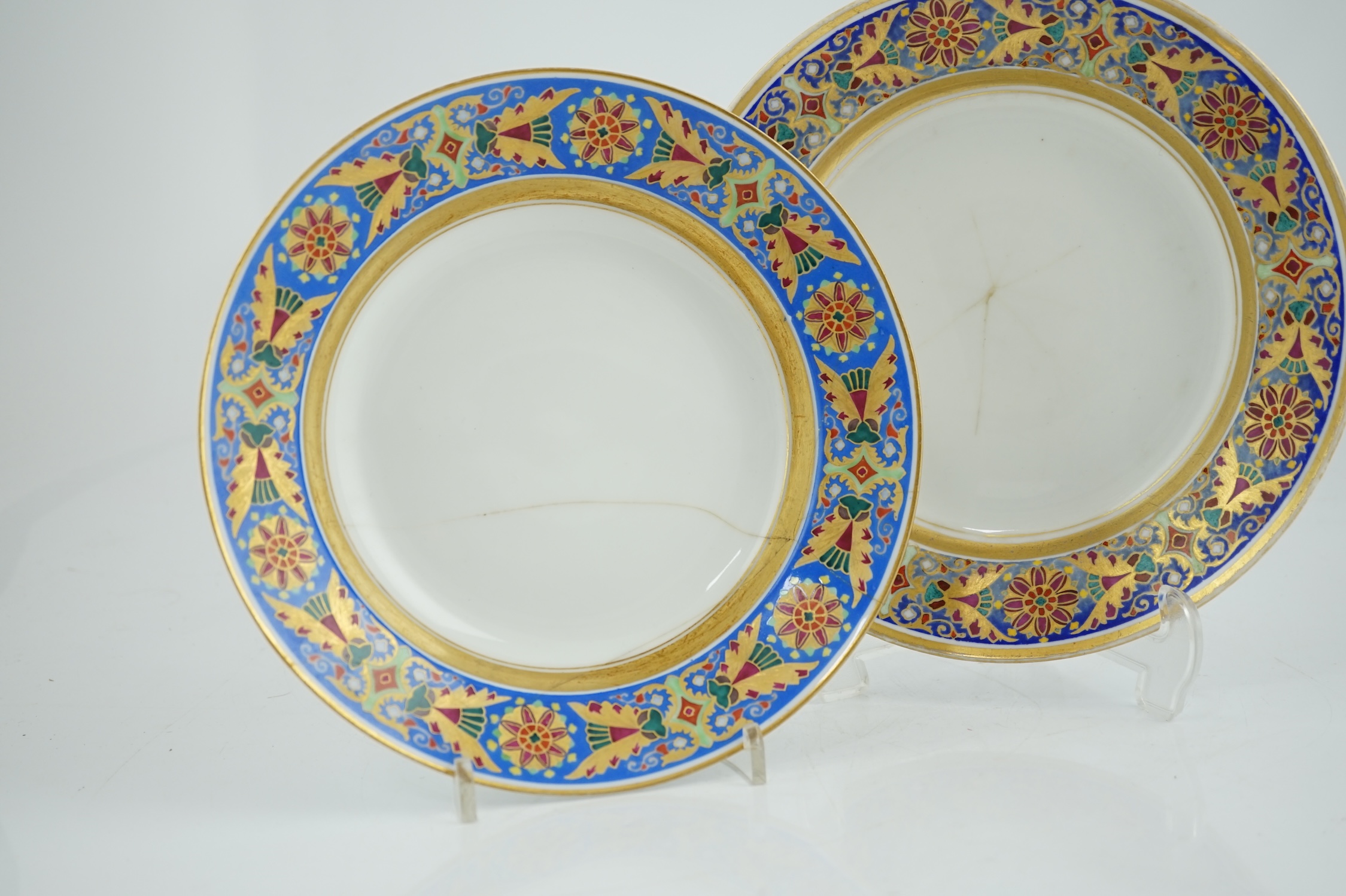 A pair of Nicholas II Imperial porcelain factory plates, from the Gothic service, green printed - Image 2 of 10