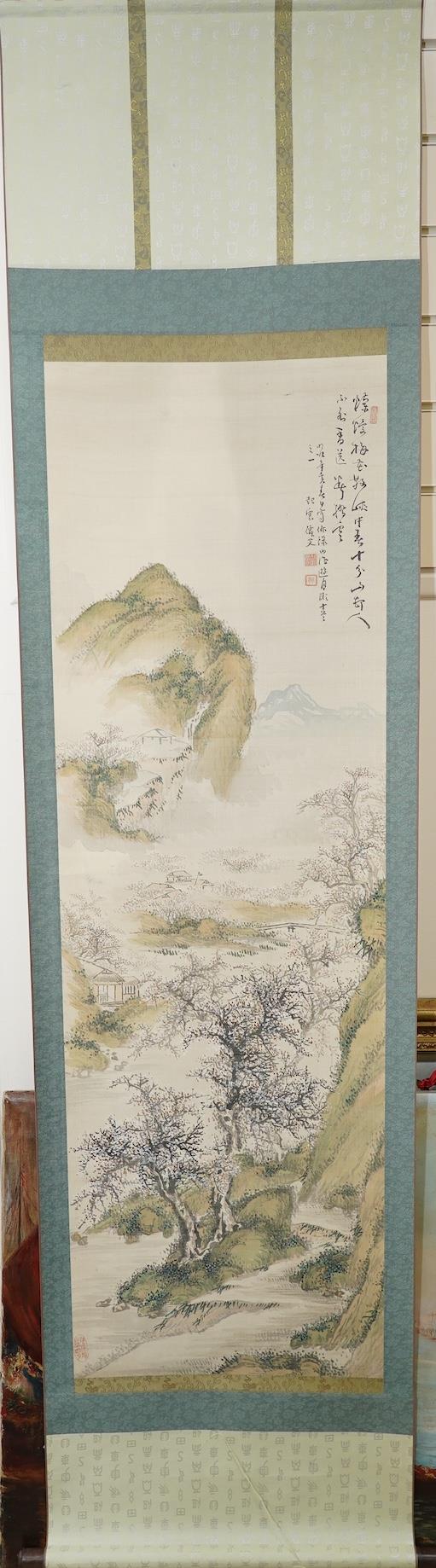 Five Japanese scroll paintings, 19th and 20th century, including two landscapes, birds, a flower - Image 6 of 9