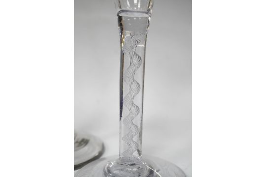 Two air twist stem drawn trumpet wine glasses, c.1750, the smaller example diamond point engraved ‘ - Image 6 of 8