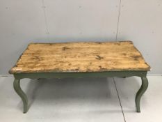 A French Provincial style part painted oak dining table, width 178cm, depth 87cm, height 77cm,