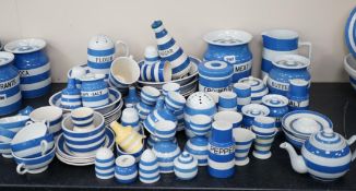 A quantity of unmarked and non T.G.Green blue and white Cornishware to include a Mincemeat jar and