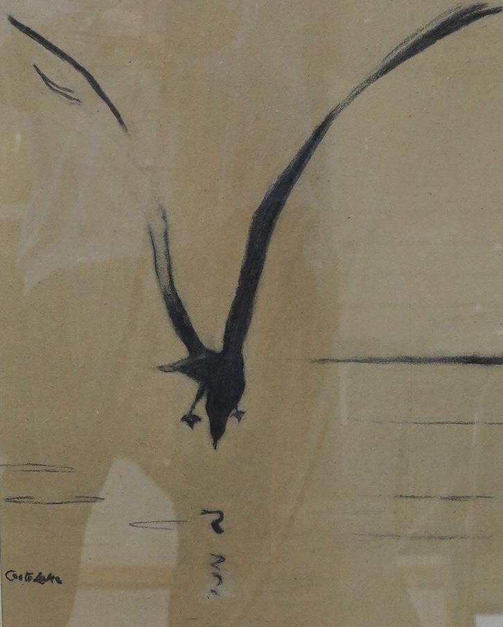 E. F. Coote-Lake (20th. C), charcoal, ‘Gull fishing’, signed, James Bourlet & Sons labels verso,