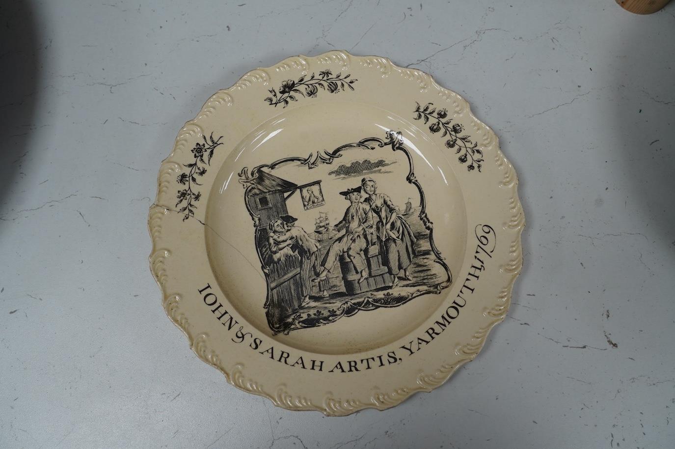 A George III documentary creamware plate, printed by Sadler, black ...