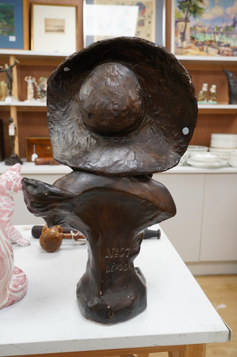 A 20th century French bronzed plaster bust of a lady ‘Coquette’, 52cm. Condition - fair, some losses - Image 4 of 7