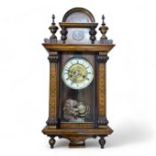 A Vienna style pen worked mahogany wall clock, 61cm. Condition - fair, bottom finial missing, not