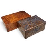 A burr walnut humidor and an Indonesian, possibly Javan, carved wood box, largest 39cm wide.