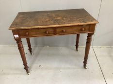 A Victorian mahogany and later two drawer side table with later top, width 91cm, depth 50cm,