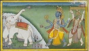 Rajastani miniature from Bundi, 18th century, Lord Krishna pursuing elephant, 5.5cm x 9.5cm.