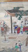 Chinese School, watercolour on silk, Attendants and figures beneath a pagoda, signed with