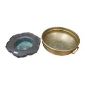 A Chinese bronze lotus dish with reticulated border, 27cm diameter, and a bronze two handled bowl,