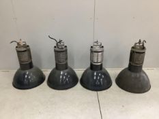 A set of four mid century Mazda industrial ceiling lights, height 68cm, diameter 50cm and one