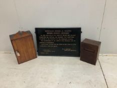 A vintage telegrams box, a small wall cabinet, height 52cm and a Metropolitan Borough of Woolwich