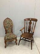 A Victorian elm, ash and beech elbow chair and a walnut spoon back nursing chair. Condition - fair