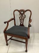 A George III mahogany elbow chair, width 71cm, depth 50cm, height 96cm. Condition - poor.Provenance: