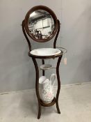 A modern Victorian style stained beech wash stand, with wash jug and basin, width 44cm, height 130cm