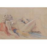 F Armstrong, pencil and watercolour, Study of a reclining nude woman, signed, 29 x 42cm. Condition -