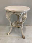 A white painted cast iron circular pub table, with later white stained wooden top, diameter 50cm,