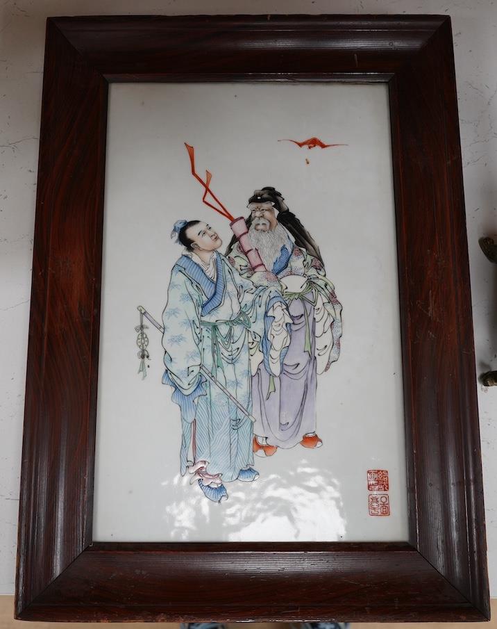 A Chinese famille rose plaque of the immortals Lu Dongbin and Zhang Guo, Republic period, the - Image 2 of 5