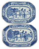A pair of small Chinese blue and white small serving dishes, Qianlong period, each painted with