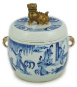A Chinese blue and white 'Four Beauties' drum-shaped jar and cover, Kangxi period (1662-1722),