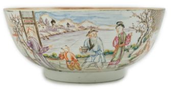 A Chinese famille rose ‘mandarin’ bowl, Qianlong period, painted with figures in a lakeside
