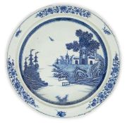 An unusual Chinese European subject blue and white shallow basin, Qianlong period, painted with a