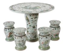 CORRECTION LATE 20th century, A large Chinese famille verte pedestal table and four matching