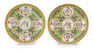 A pair of Chinese yellow ground medallion saucer dishes, Guangxu six character marks, early 20th