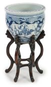 A large Chinese blue and white ‘Hundred Antiques’ jardinere and hongmu stand, late 19th/early 20th