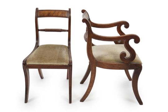 A set of ten Regency mahogany dining chairs, including a pair of carvers, with tablet cresting - Image 1 of 6