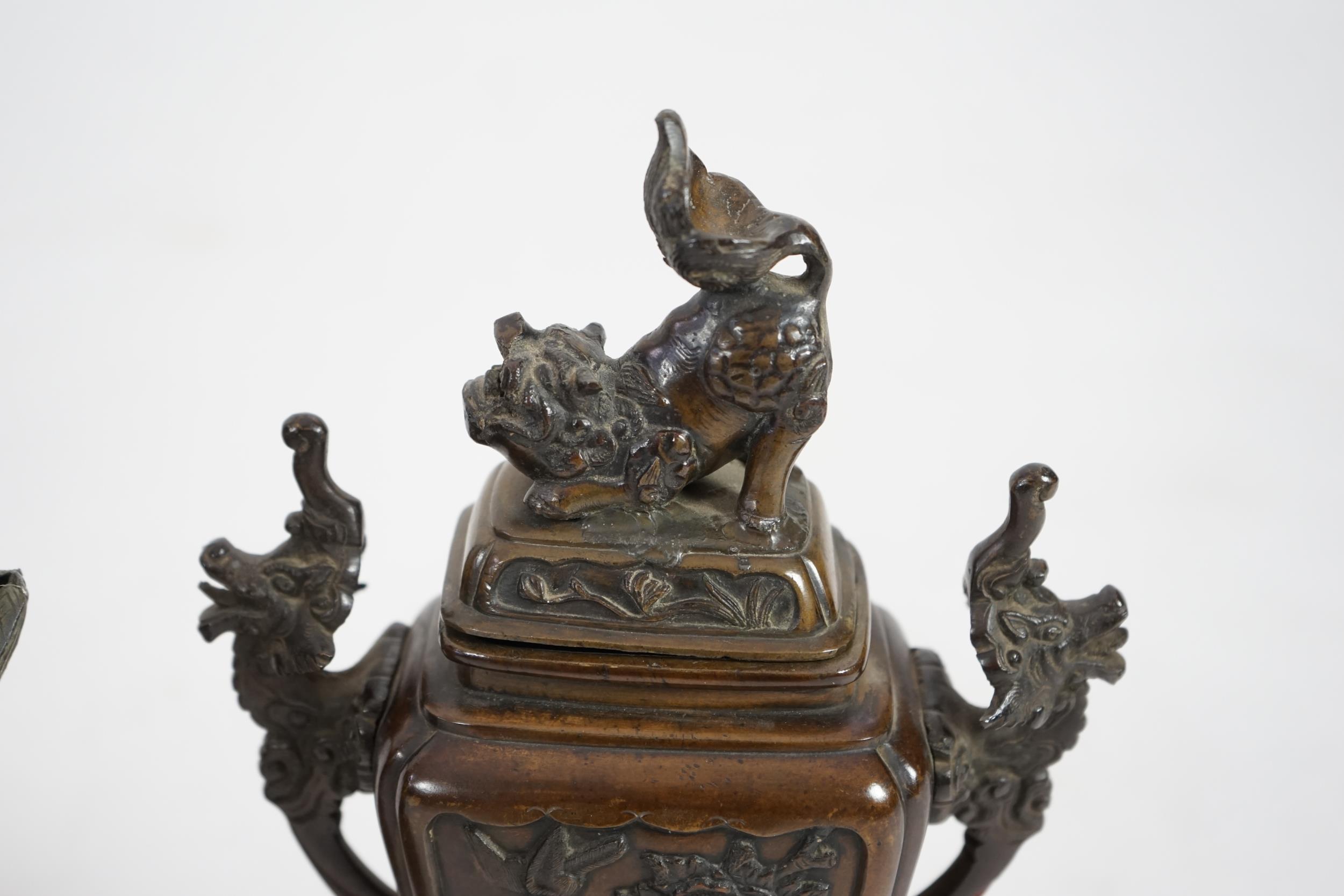 A pair of Japanese bronze koros and covers, late Meiji period, with lion-dog finials, stylised - Image 6 of 21