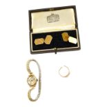 A pair of 9ct gold cufflinks, 5.8 grams, a yellow metal signet ring (a.f.) and a lady's 9ct gold