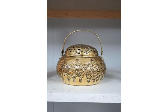 A Chinese brass basket censer and cover, 13cm high. Condition - fair. - Image 3 of 7